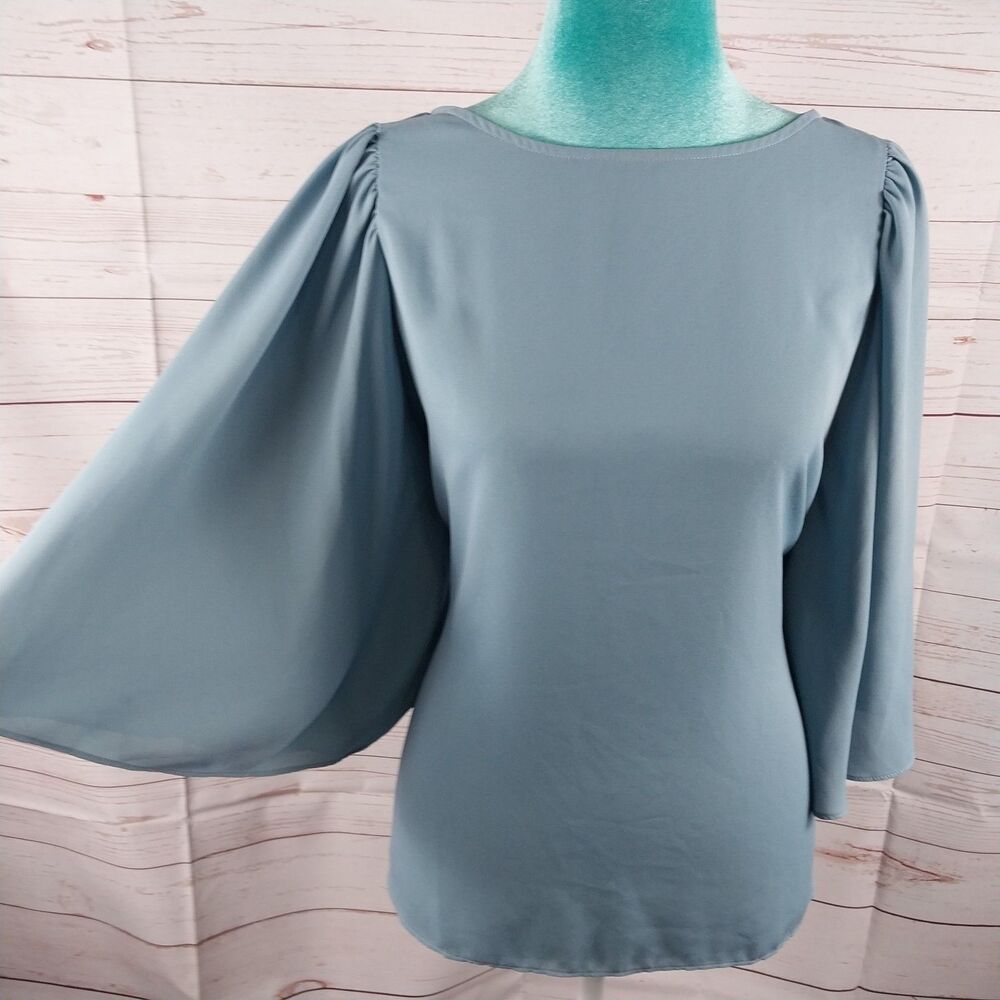 Worthington Steal Blue Flutter Short Sleeve Blouse Top Womens Sz Medium Tie Back